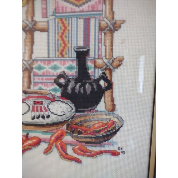 Vintage 1995 Completed Cross Stitch Native American Southwest Frame Wall Hanging - Picture 9 of 16